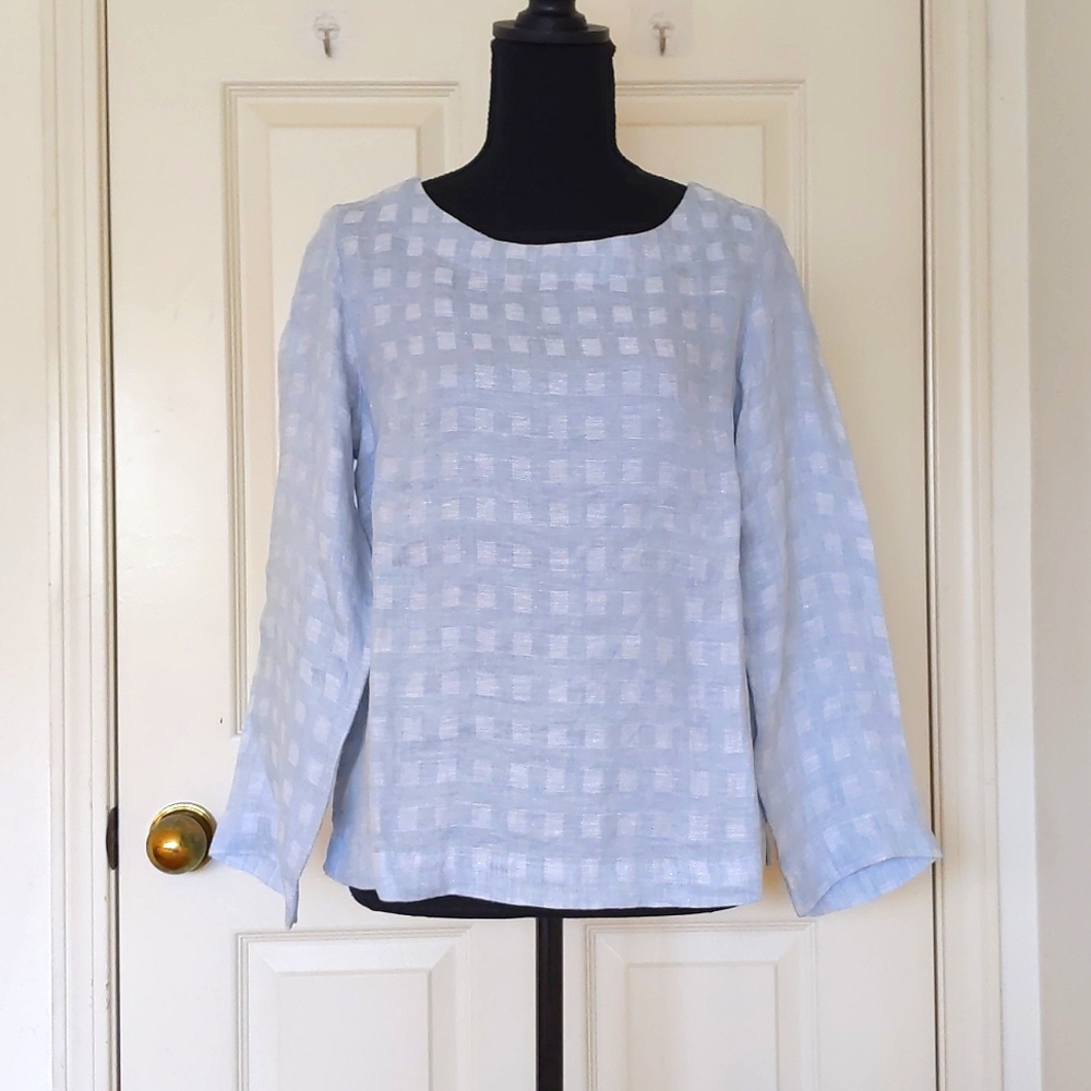 NWT. Sigrid Olsen 100% Linen Long Sleeve Plaid Blouse.